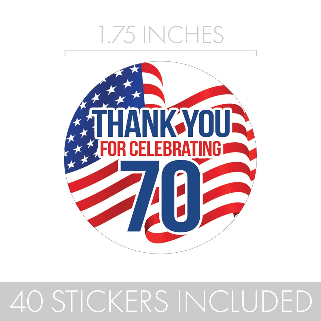 70th Birthday: Red White & Blue - Circle Label Thank You Stickers - 40 Stickers