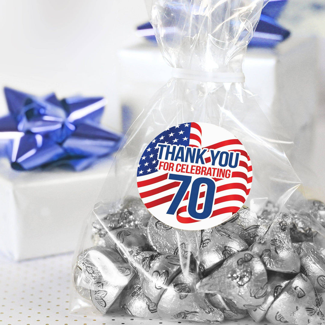 70th Birthday: Red White & Blue - Circle Label Thank You Stickers - 40 Stickers