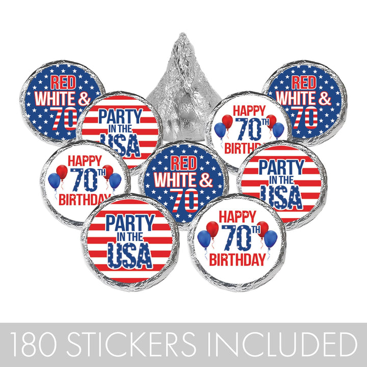 70th Birthday: Red White & Blue - Favor Stickers Fits on Hershey's Kisses - 180 Stickers