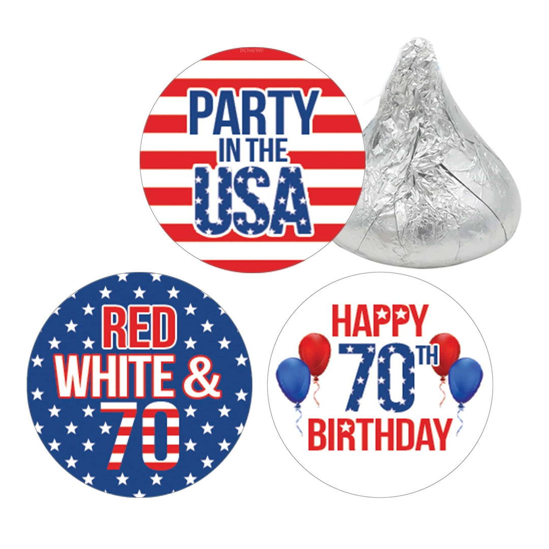 70th Birthday: Red White & Blue - Favor Stickers Fits on Hershey's Kisses - 180 Stickers