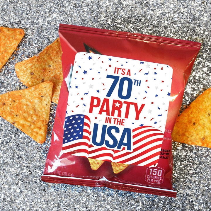 70th Birthday: Red White & Blue - Popcorn, Chip Bag, and Snack Bag Stickers - 32 Stickers