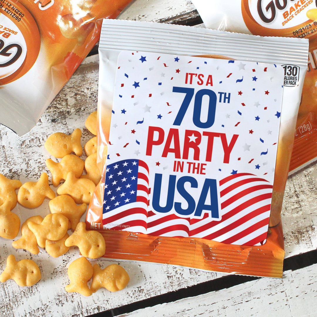 70th Birthday: Red White & Blue - Popcorn, Chip Bag, and Snack Bag Stickers - 32 Stickers