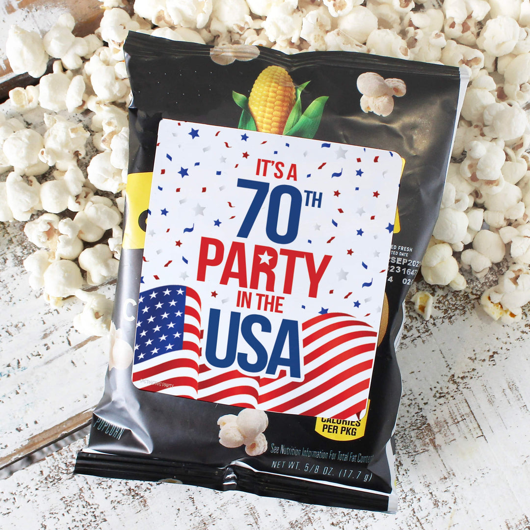 70th Birthday: Red White & Blue - Popcorn, Chip Bag, and Snack Bag Stickers - 32 Stickers