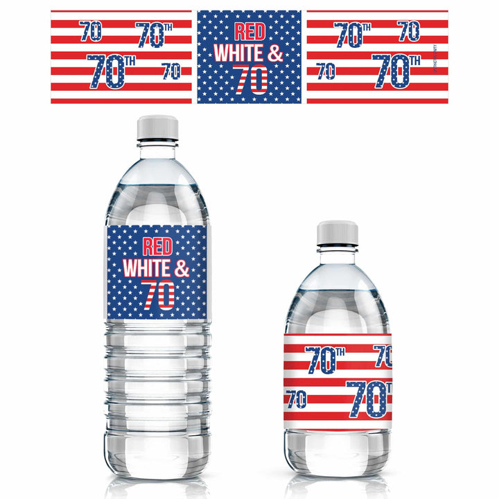 70th Birthday: Red White & Blue - Water Bottle Labels - 24 Waterproof Stickers