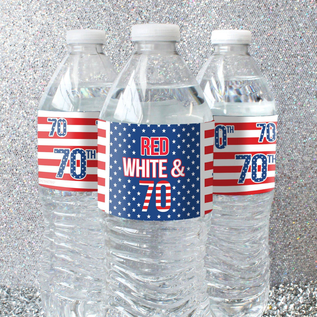 70th Birthday: Red White & Blue - Water Bottle Labels - 24 Waterproof Stickers