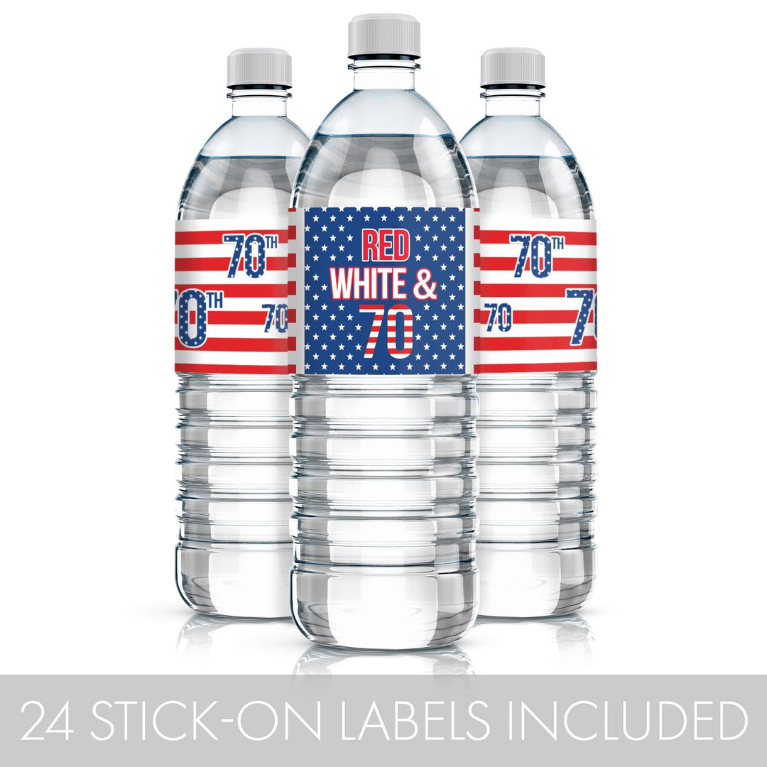 70th Birthday: Red White & Blue - Water Bottle Labels - 24 Waterproof Stickers