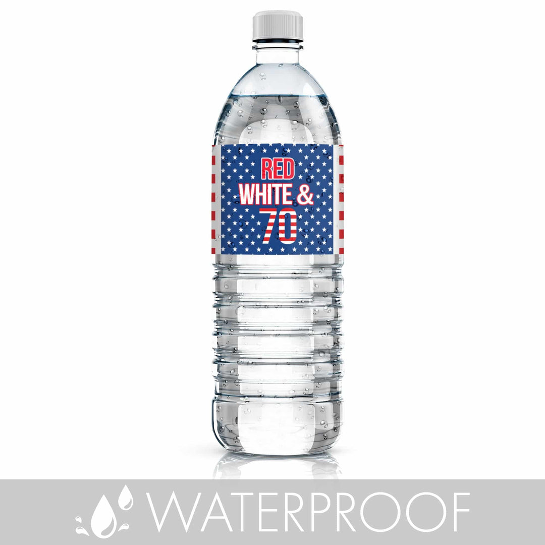 70th Birthday: Red White & Blue - Water Bottle Labels - 24 Waterproof Stickers