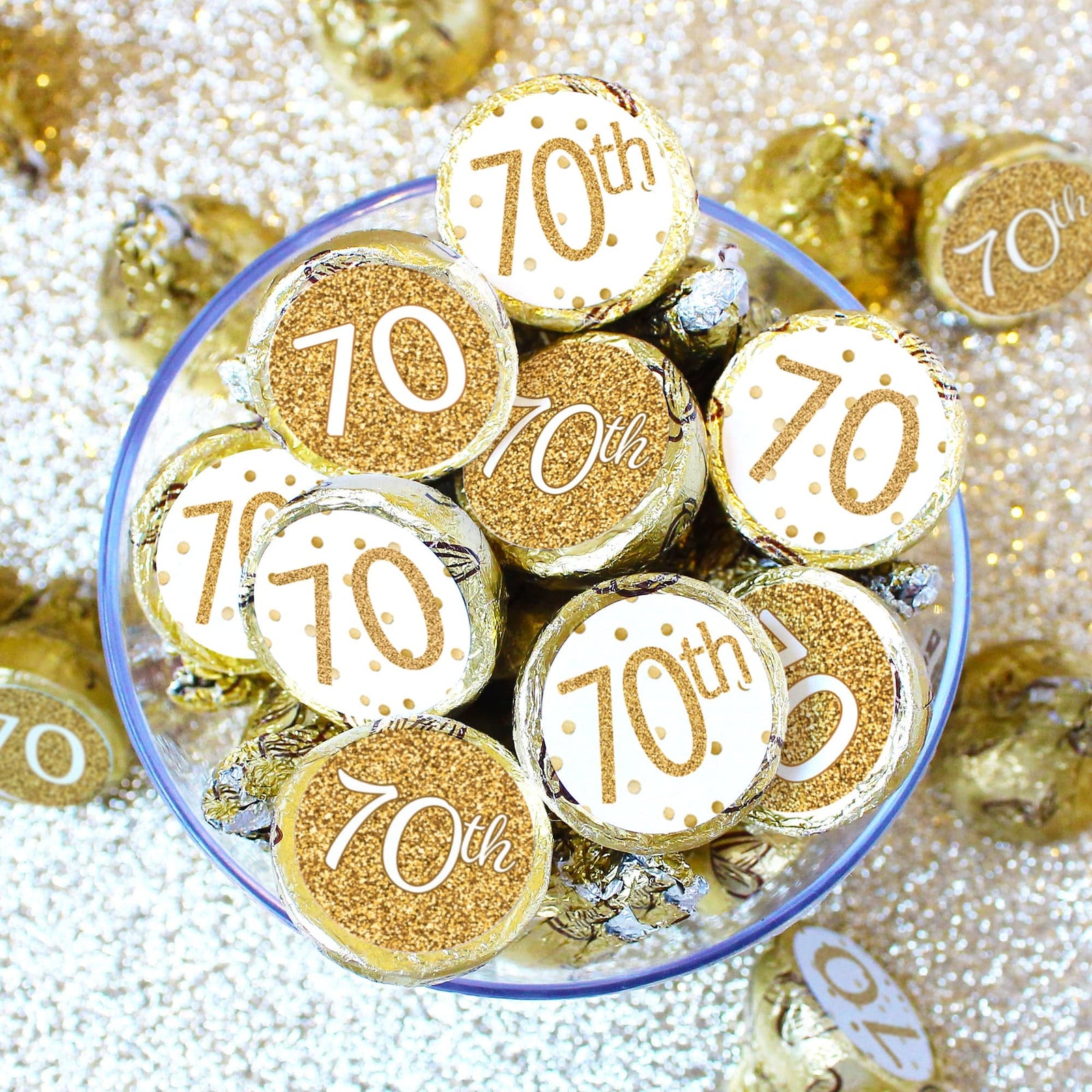 70th Birthday: White and Gold - Adult Birthday - Party Favor Stickers - Fits on Hershey's Kisses - 180 Stickers - Distinctivs Party
