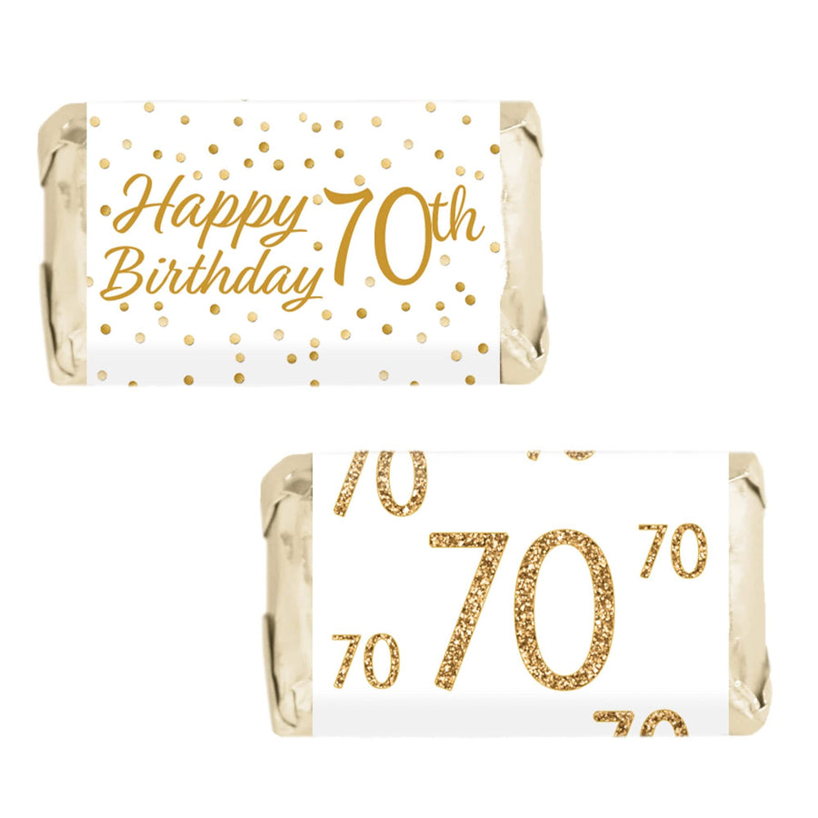 70th Birthday: White and Gold Party - Adult Birthday - Hershey's Miniatures Candy Bar Wrappers Stickers - 45 Stickers - Distinctivs Party