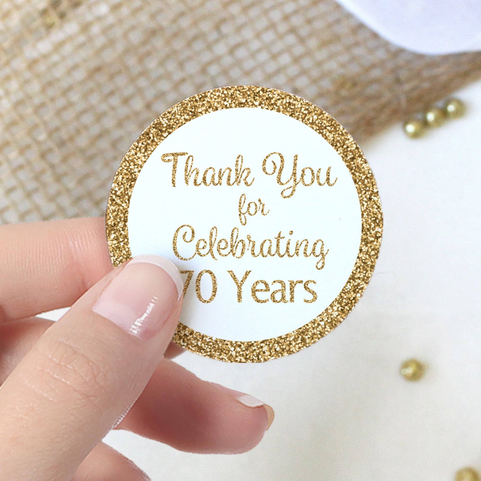 70th Birthday: White and Gold Party - Adult Birthday - Thank You -  Round Favor Stickers - 40 Stickers - Distinctivs Party