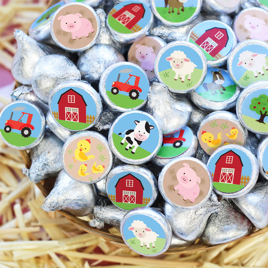 Barnyard Farm Animals:  Kid's Birthday - Round Candy Favor Stickers - Fits on Hershey's® Kisses - 180 Stickers