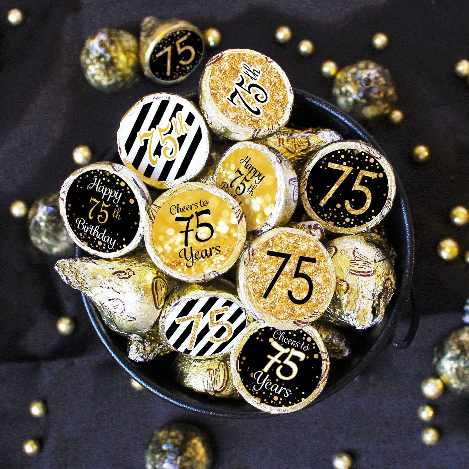 75th Birthday: Black & Gold - Fits on Hershey's Kisses - 180 Stickers - Distinctivs Party