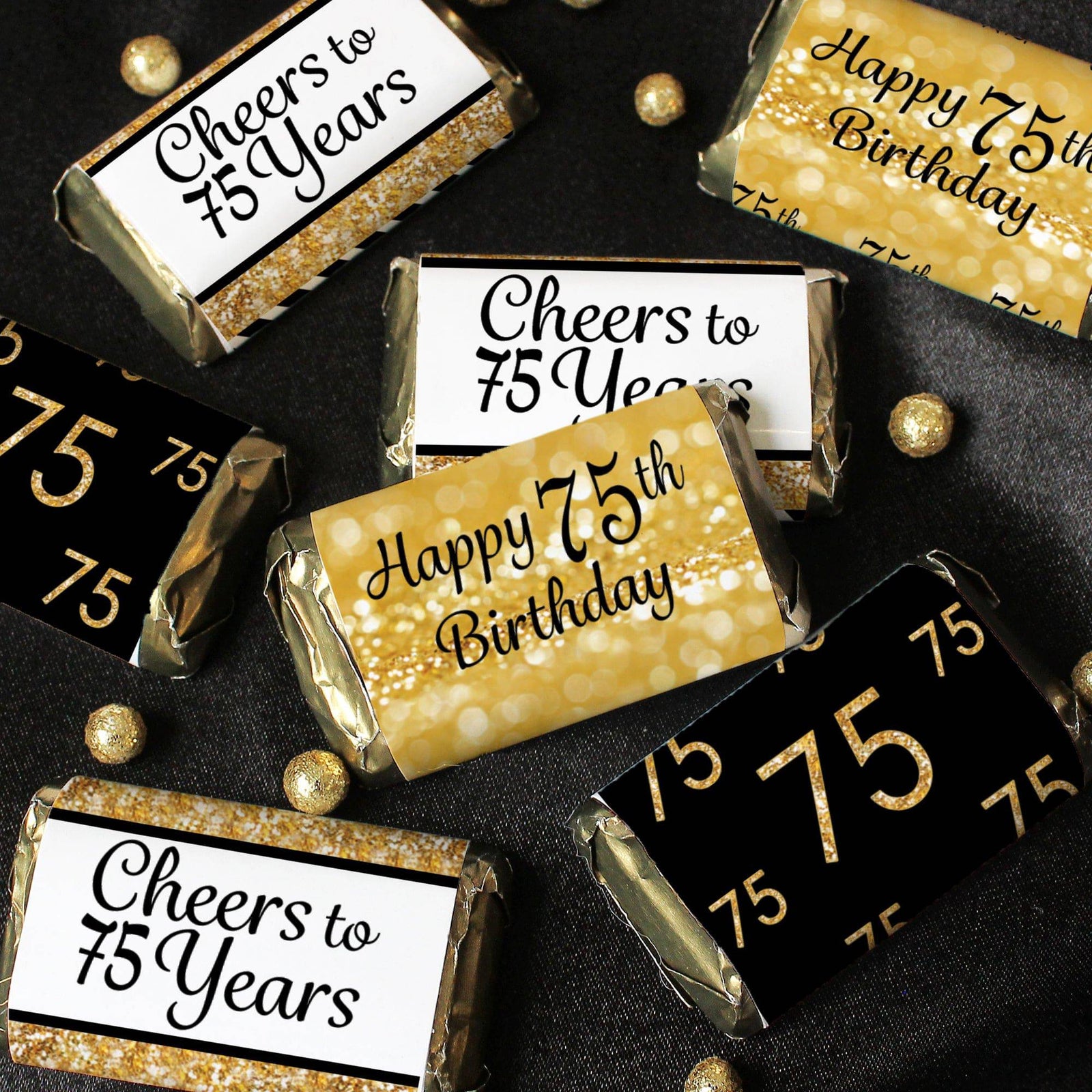 75th Birthday: Black & Gold - Hershey's Miniatures Candy Bar Wrappers Stickers - 45 Stickers - Distinctivs Party