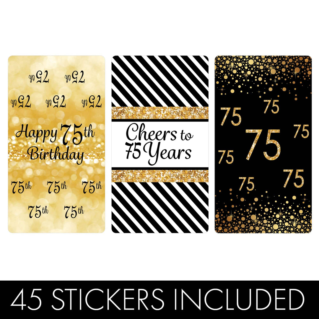 75th Birthday: Black & Gold - Hershey's Miniatures Candy Bar Wrappers Stickers - 45 Stickers - Distinctivs Party