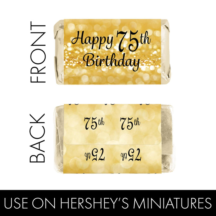 75th Birthday: Black & Gold - Hershey's Miniatures Candy Bar Wrappers Stickers - 45 Stickers - Distinctivs Party