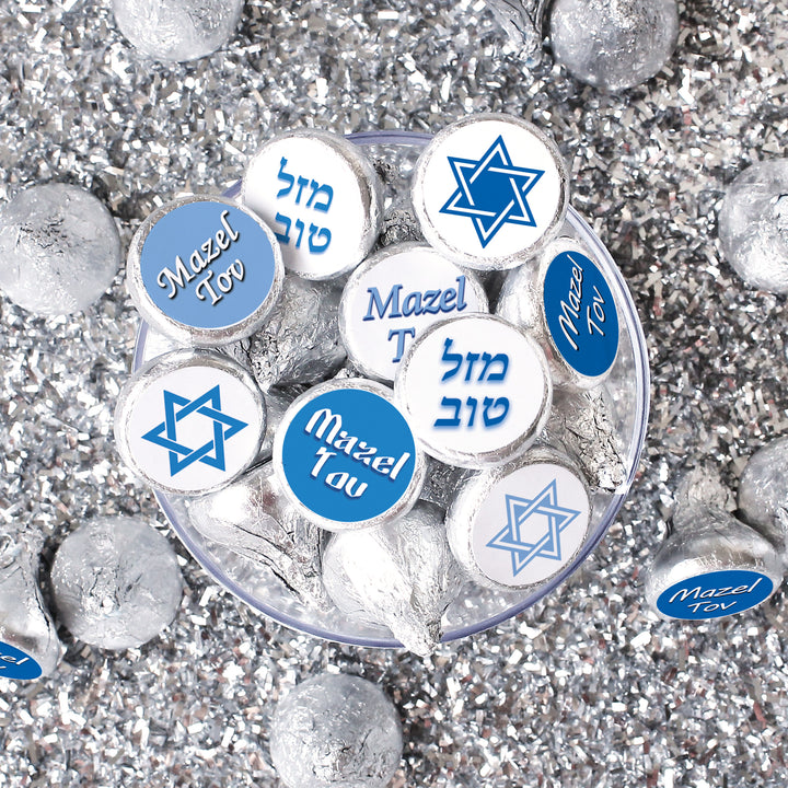 Bar Mitzvah: Blue and White - Mazel Tov Stickers -  Fits on Hershey® Kisses - 180 Stickers