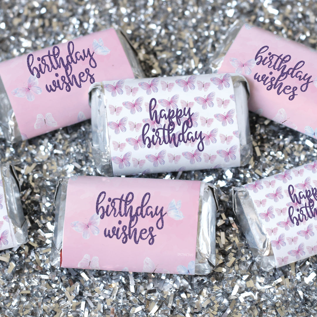 Deseos de mariposa: morado y rosa - Cumpleaños infantil - Pegatinas para envoltorios de barra de caramelos en miniatura de Hershey - 45 pegatinas