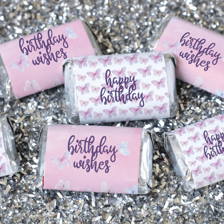Deseos de mariposa: morado y rosa - Cumpleaños infantil - Pegatinas para envoltorios de barra de caramelos en miniatura de Hershey - 45 pegatinas