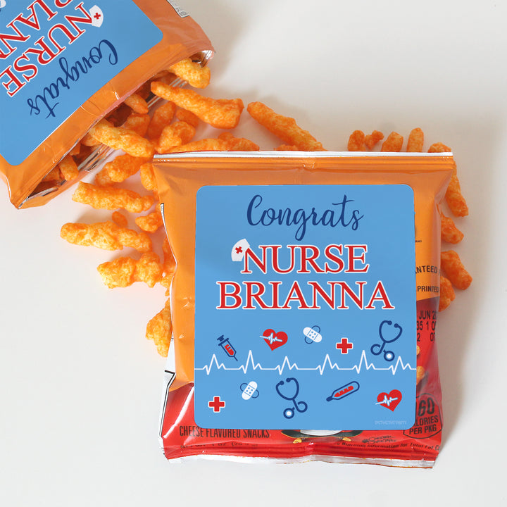 Personalized Nursing Graduation: Blue and Red - Custom Name  - Chip Bag and Snack Bag Stickers - 32 Stickers