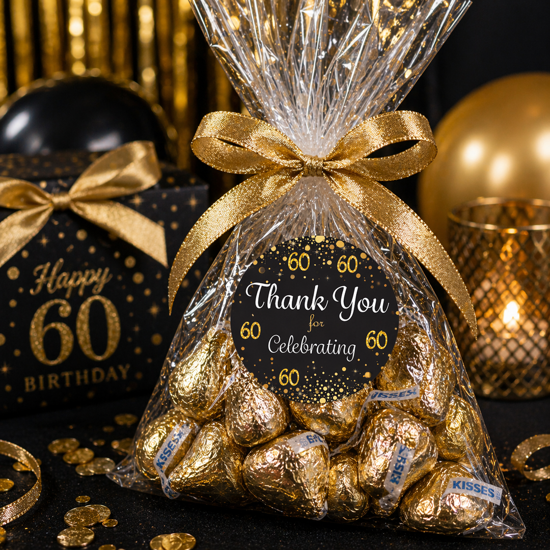 60th Birthday: Black & Gold - Adult Birthday - Thank You Stickers - 40 Stickers