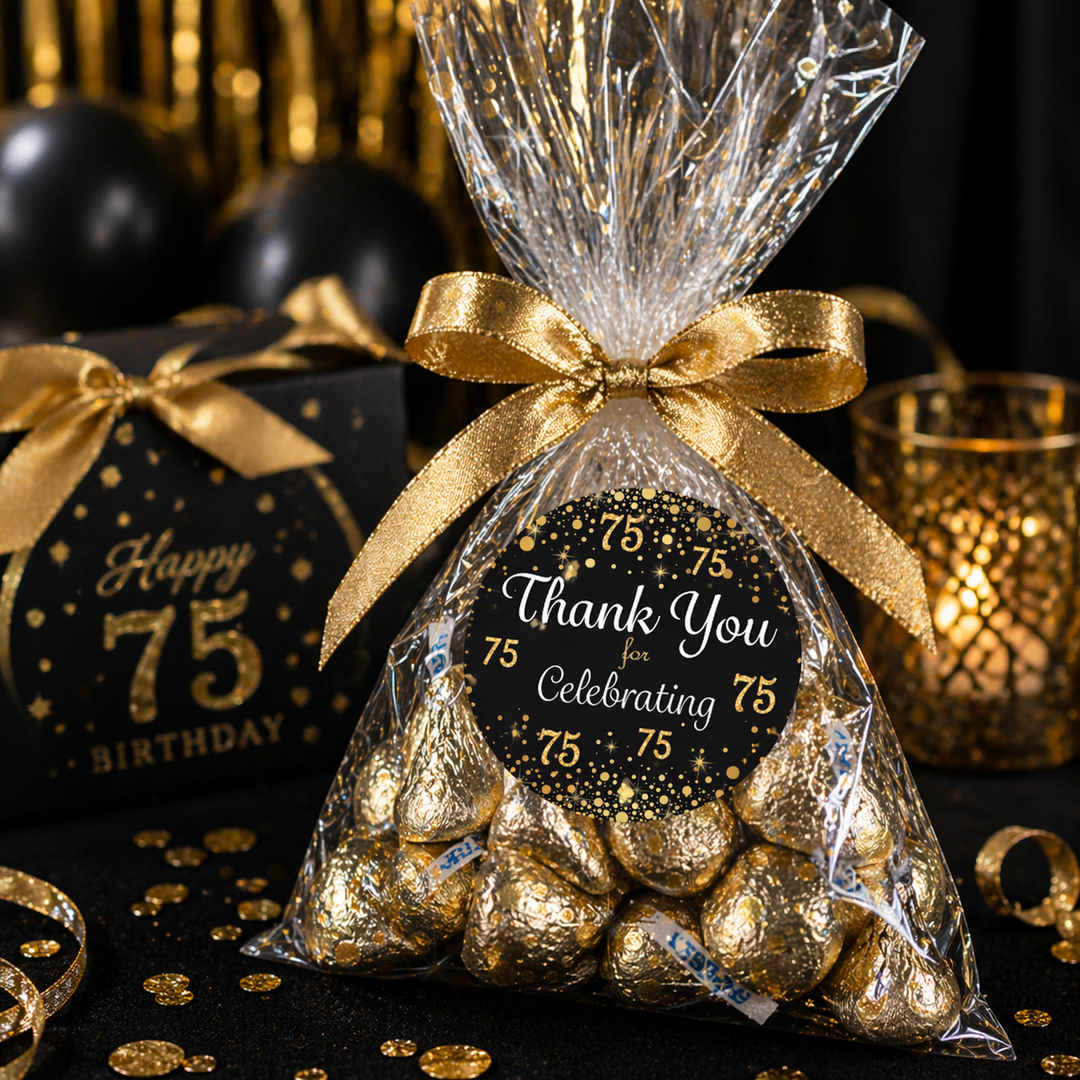 75.º cumpleaños: negro y dorado - Cumpleaños de adultos - Pegatinas de agradecimiento - 40 pegatinas