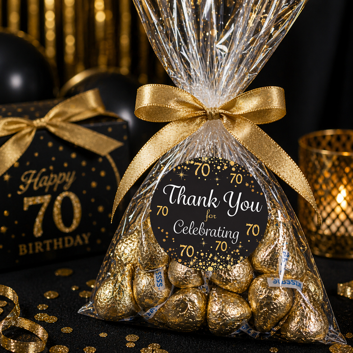 70.º cumpleaños: negro y dorado - Cumpleaños de adultos - Pegatinas de agradecimiento - 40 pegatinas