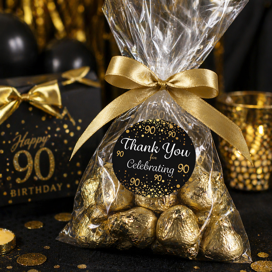 90 cumpleaños: negro y dorado - Cumpleaños de adultos - Pegatinas de agradecimiento - 40 pegatinas