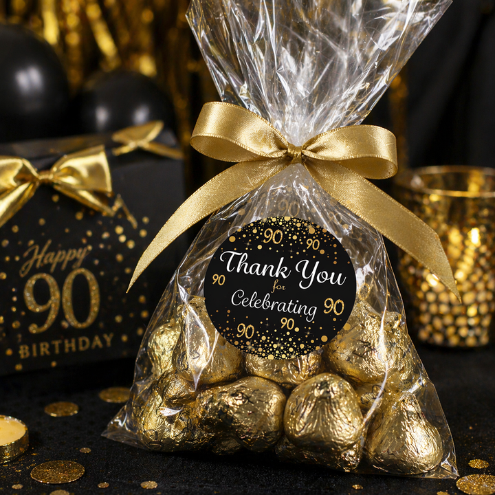 90 cumpleaños: negro y dorado - Cumpleaños de adultos - Pegatinas de agradecimiento - 40 pegatinas