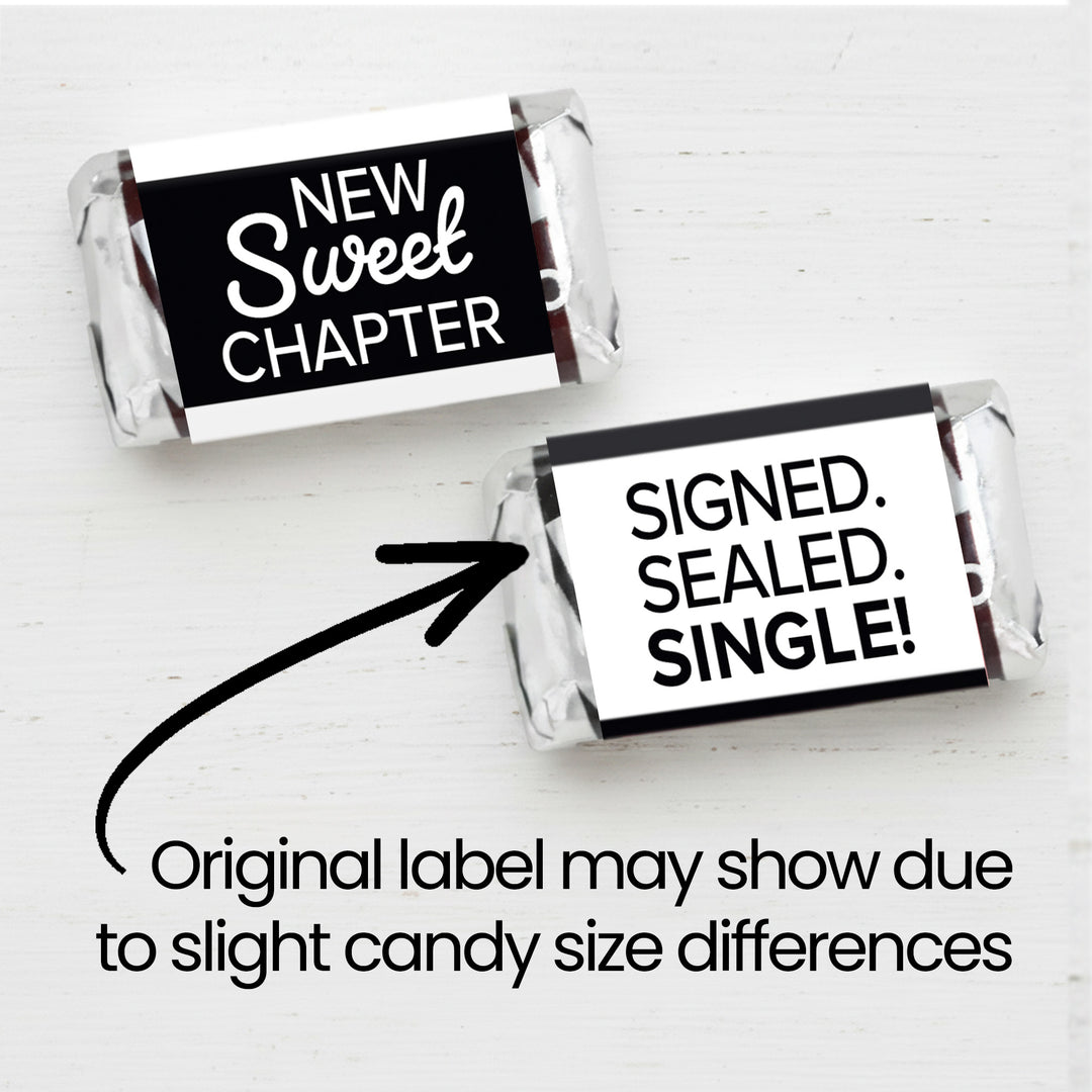 Signed Sealed Single Divorce Party Mini Candy Bar Stickers – 42 Black & White Candy Favor Labels