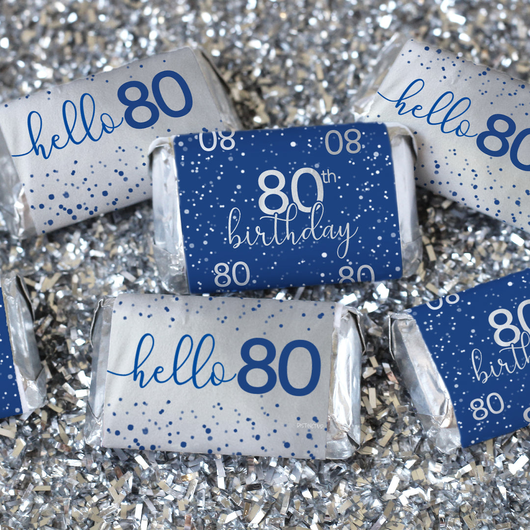 Blue and Silver 80th Birthday Candy Bar Stickers - Hershey's® Miniatures Candy Bar Wrappers