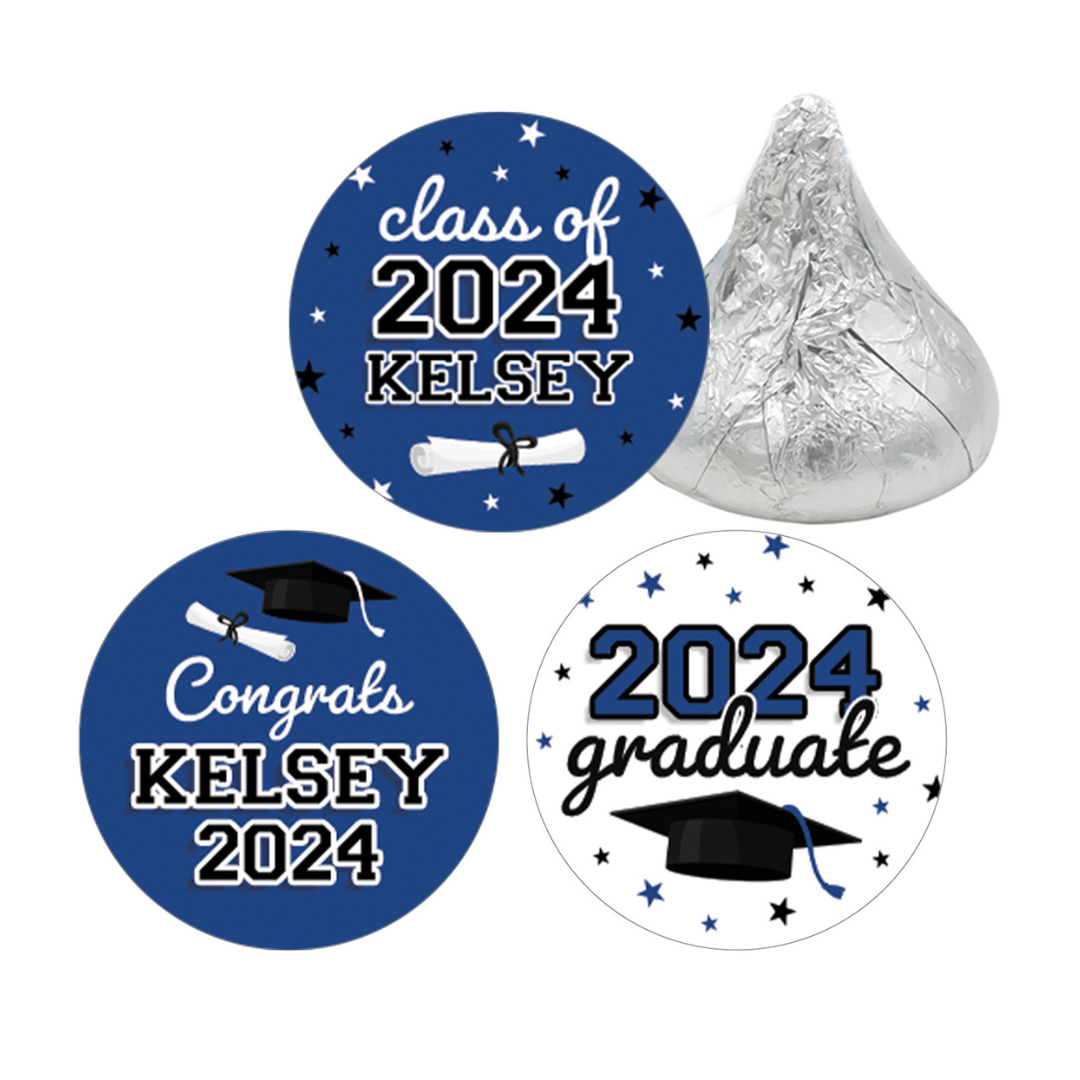 Graduación personalizada: 16 opciones de color - Nombre y año personalizados - Etiquetas para regalos de fiesta - Se adapta a Hershey® Kisses - 180, 450, de 180 pegatinas