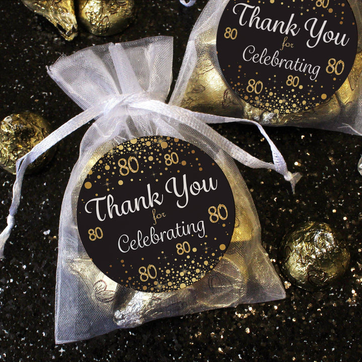 80th Birthday: Black & Gold - Adult Birthday -  Thank You Stickers - 40 Stickers - Distinctivs Party