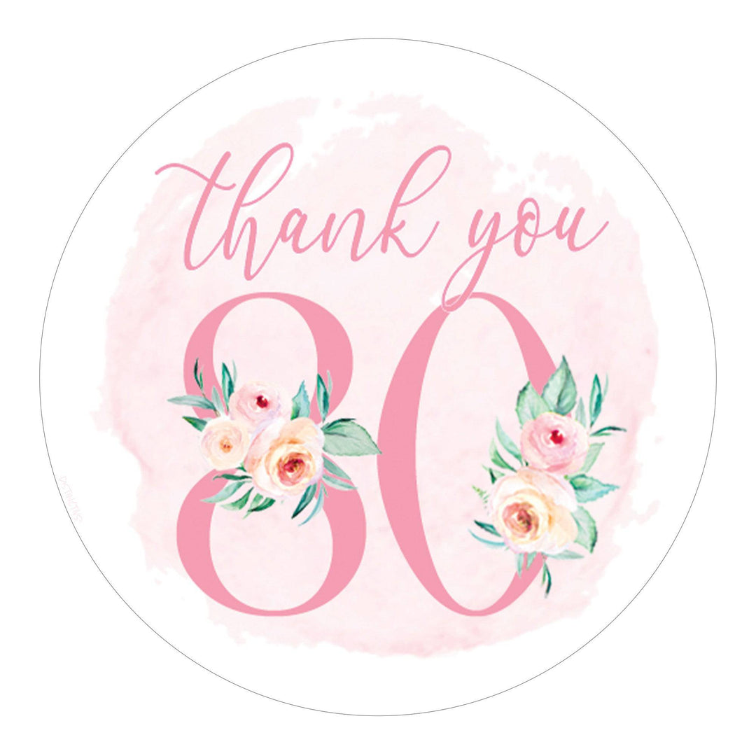 80th Birthday: Floral - Circle Label Thank You Stickers - 40 Stickers