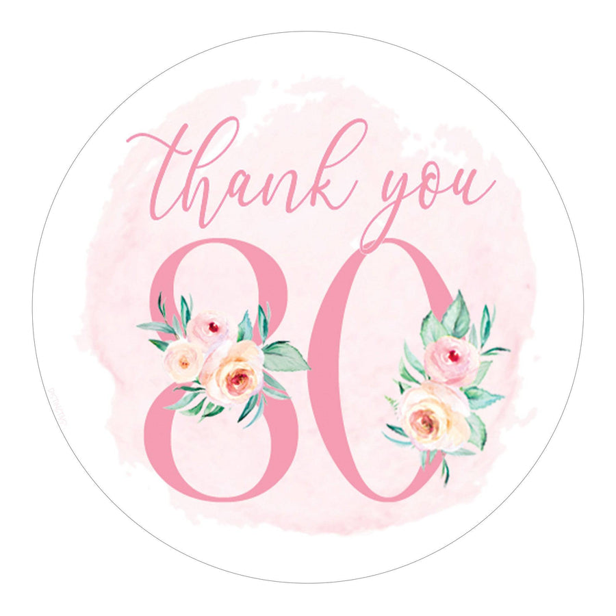 80th Birthday: Floral - Circle Label Thank You Stickers - 40 Stickers - Distinctivs Party