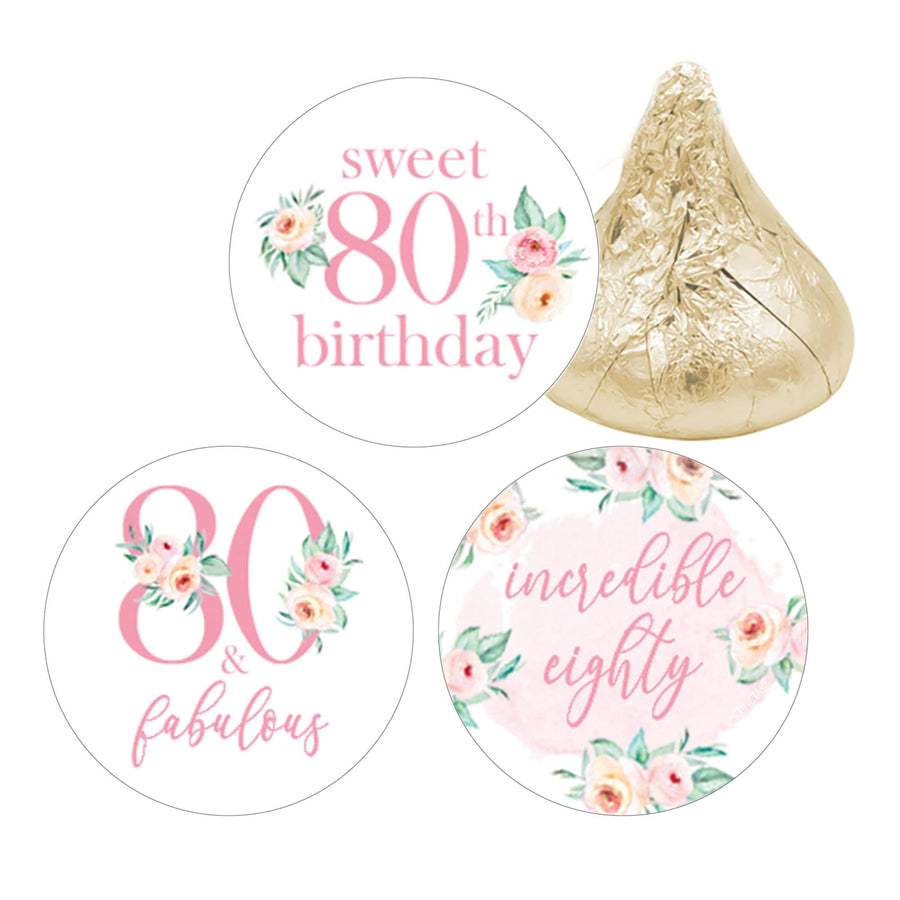 80th Birthday: Floral - Favor Stickers Fits on Hershey's Kisses - 180 Stickers - Distinctivs Party