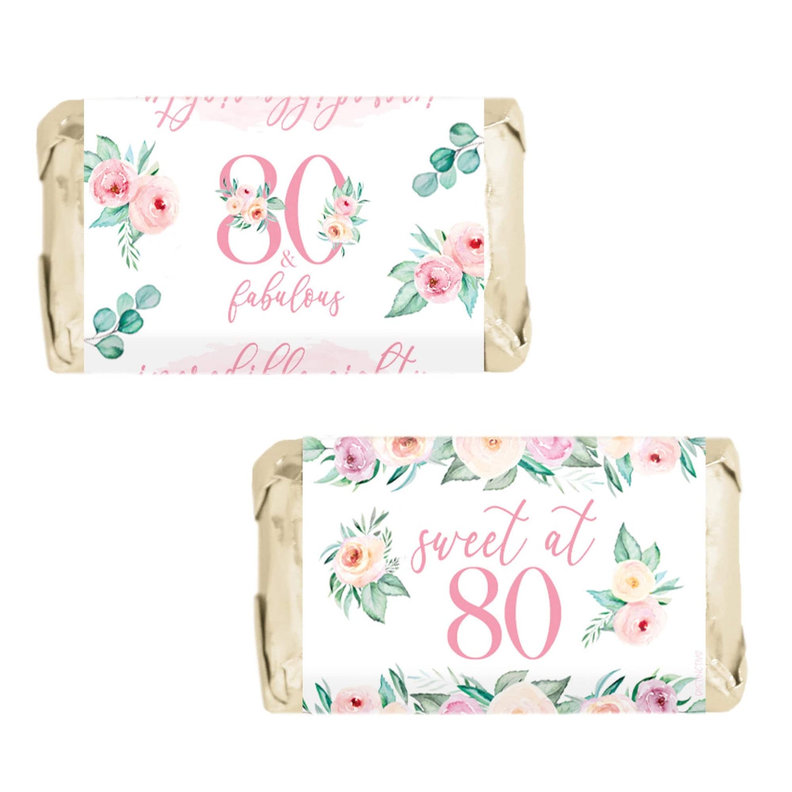 80th Birthday: Floral - Hershey's Miniatures Candy Bar Wrappers - 42 Stickers - Distinctivs Party