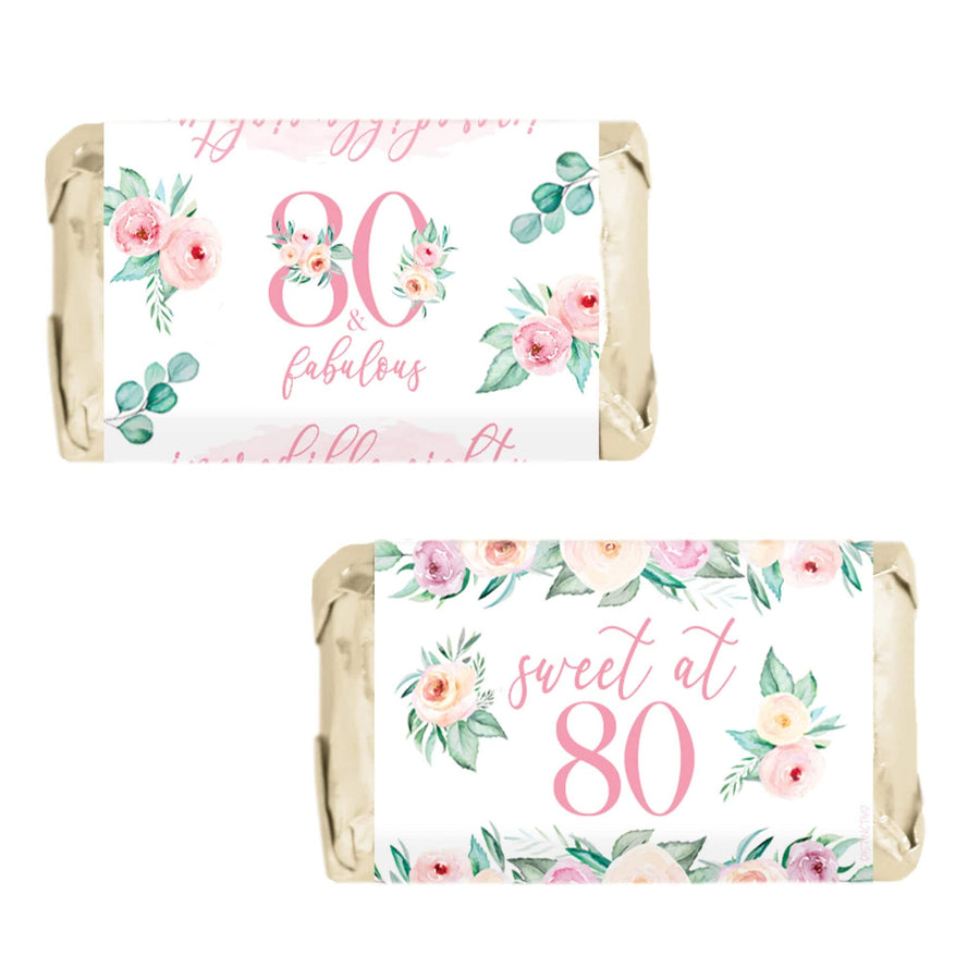 80th Birthday: Floral - Hershey's Miniatures Candy Bar Wrappers - 45 Stickers - Distinctivs Party