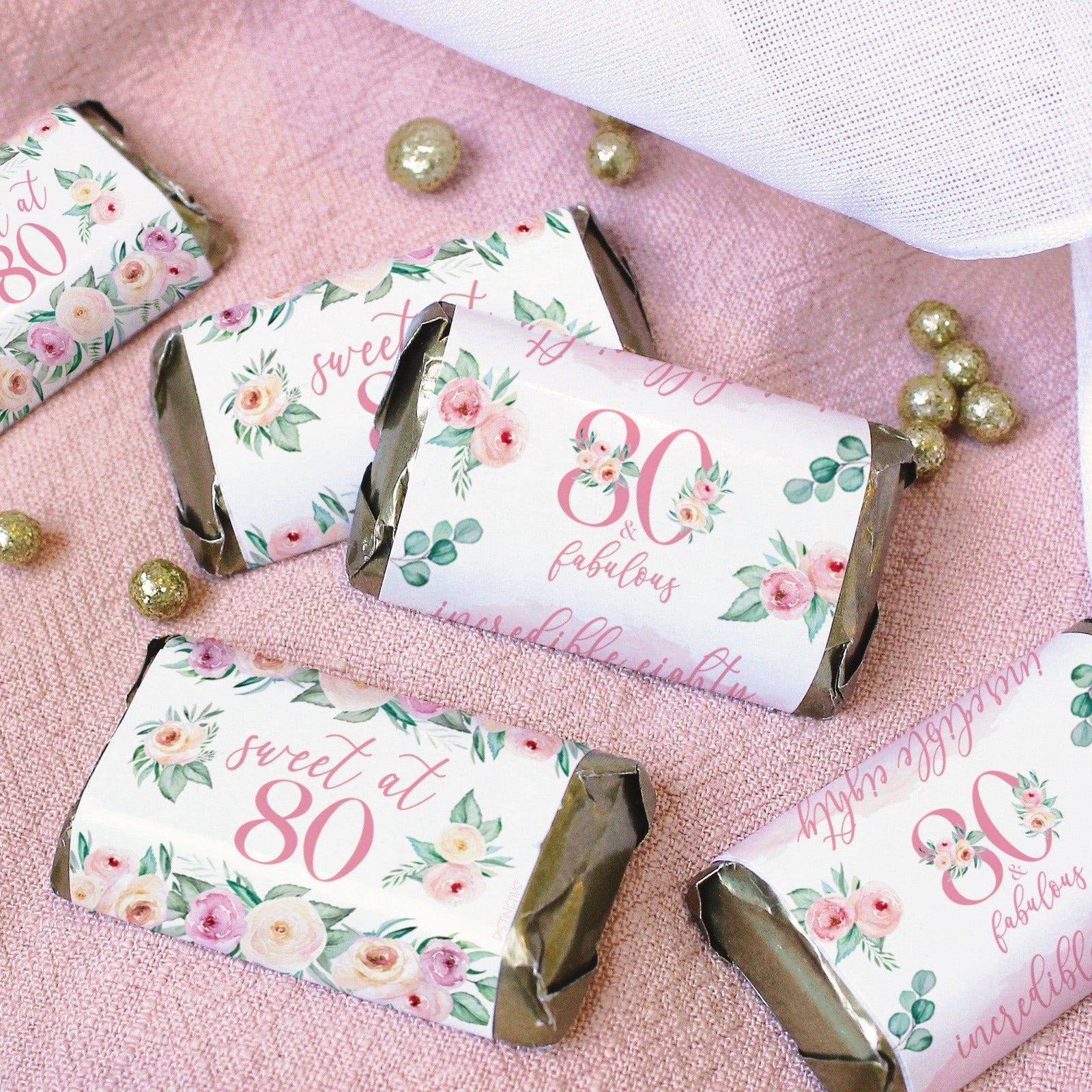 80th Birthday: Floral - Hershey's Miniatures Candy Bar Wrappers - 42 Stickers - Distinctivs Party