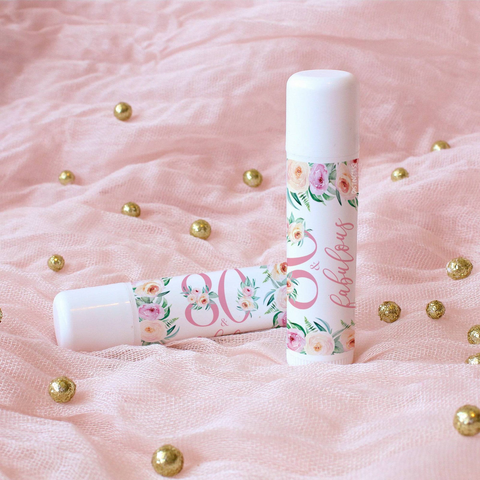 80th Birthday: Floral -  Lip Balm Labels - 36 Stickers - Distinctivs Party