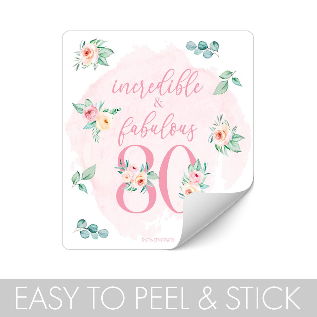 80th Birthday: Floral - Popcorn, Chip Bag, and Snack Bag Stickers - 32 Stickers