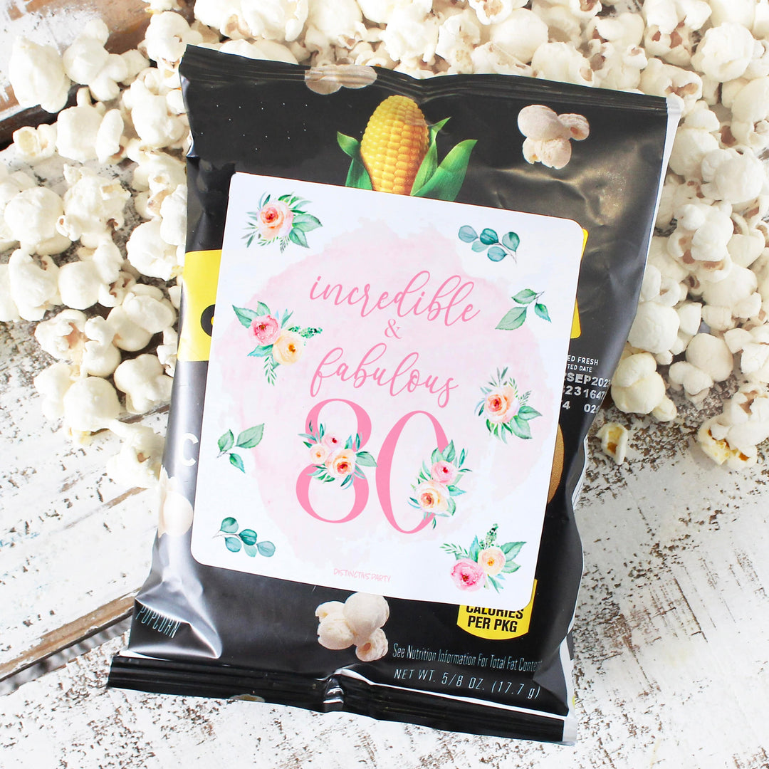 80th Birthday: Floral - Popcorn, Chip Bag, and Snack Bag Stickers - 32 Stickers