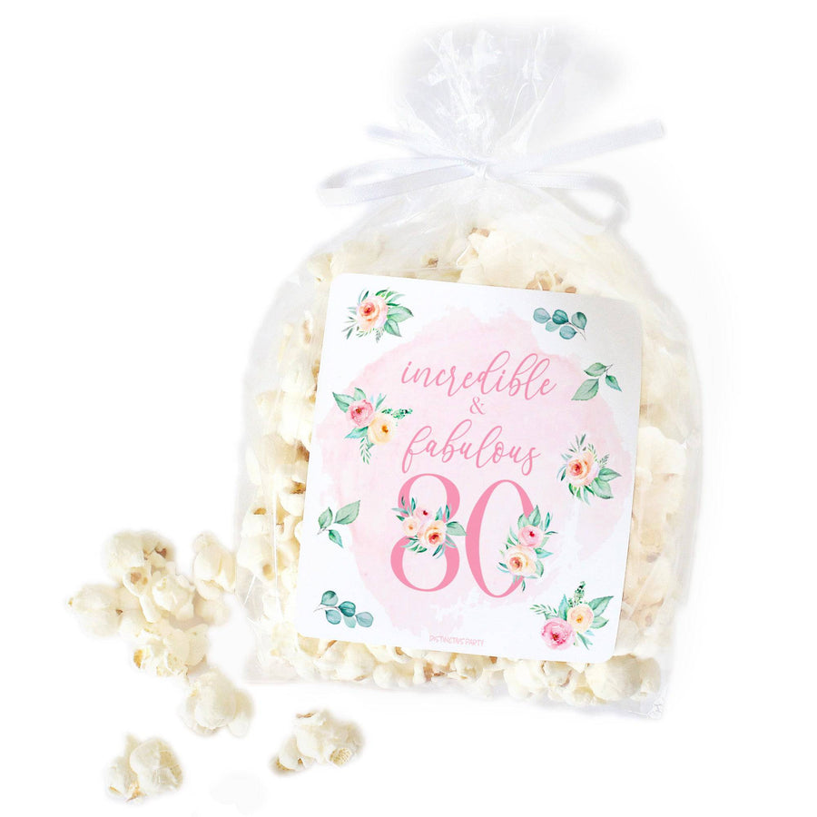 80th Birthday: Floral - Popcorn, Chip Bag, and Snack Bag Stickers - 32 Stickers - Distinctivs Party