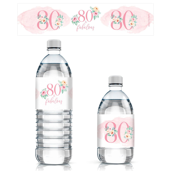 80th Birthday: Floral - Water Bottle Labels - 24 Waterproof Stickers