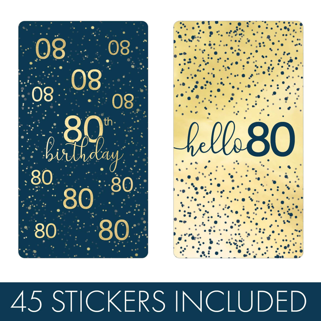 80th Birthday: Navy Blue & Gold - Adult Birthday -  Hershey's® Miniatures Candy Bar Wrappers Stickers - Distinctivs Party