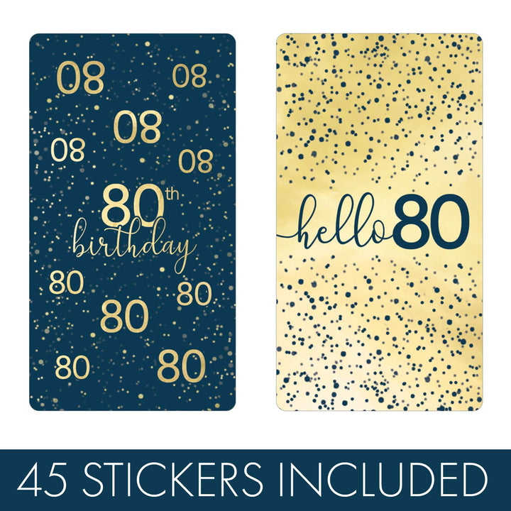 80th Birthday: Navy Blue & Gold - Adult Birthday -  Hershey's® Miniatures Candy Bar Wrappers Stickers - Distinctivs Party