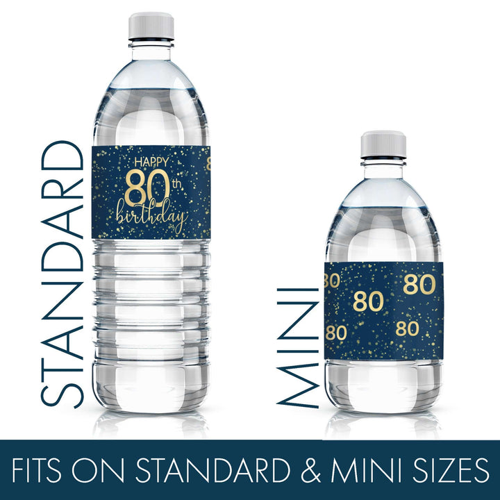 80th Birthday: Navy Blue & Gold - Adult Birthday - Water Bottle Labels - Distinctivs Party