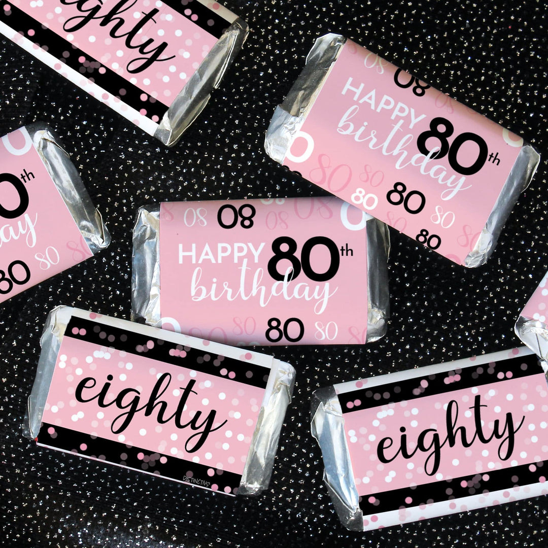 80th Birthday: Pink and Black - Adult Birthday - Hershey's Miniatures Candy Bar Wrappers Stickers - 45 Stickers - Distinctivs Party