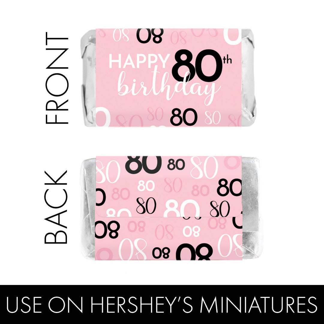 80th Birthday: Pink and Black - Adult Birthday - Hershey's Miniatures Candy Bar Wrappers Stickers - 45 Stickers - Distinctivs Party