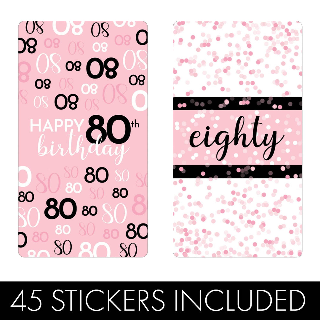 80th Birthday: Pink and Black - Adult Birthday - Hershey's Miniatures Candy Bar Wrappers Stickers - 45 Stickers - Distinctivs Party