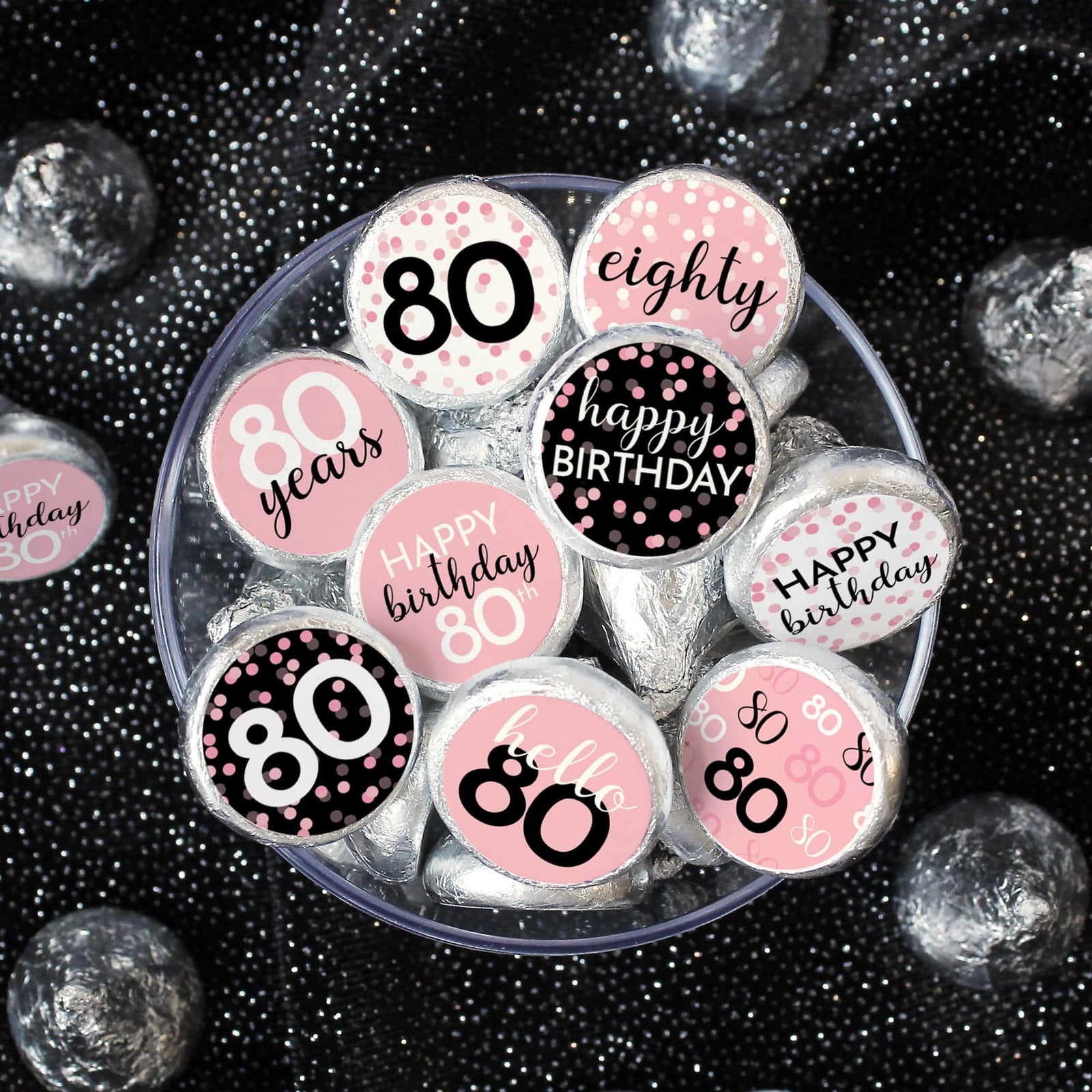 80th Birthday: Pink and Black - Adult Birthday - Party Favor Stickers - Fits on Hershey's Kisses - 180 Stickers - Distinctivs Party